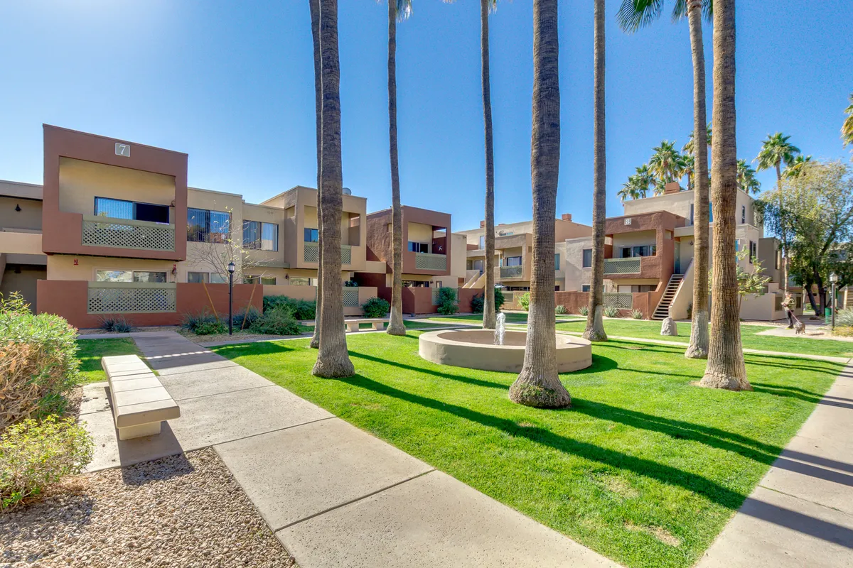 A tranquil exterior scene featuring a walkway lined with palm trees, a central fountain, and nearby buildings. The lush landscaping and open pathways evoke a sense of community and encourage leisurely strolls, ideal for walking dogs. The setting feels both serene and sociable, suggesting outdoor exploration opportunities.
