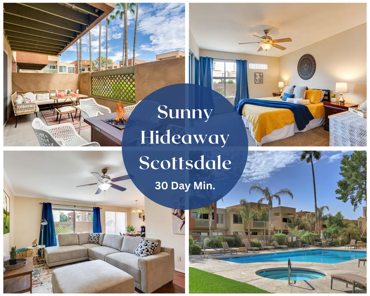 The hero image showcases a sun-drenched private patio with inviting outdoor seating, a glimpse of the sparkling community pool, and the transition into a cozy, modern living room, all designed for relaxation and entertaining. The warm Scottsdale sunlight bathes the patio, while stylish furnishings invite guests to unwind or gather with friends.